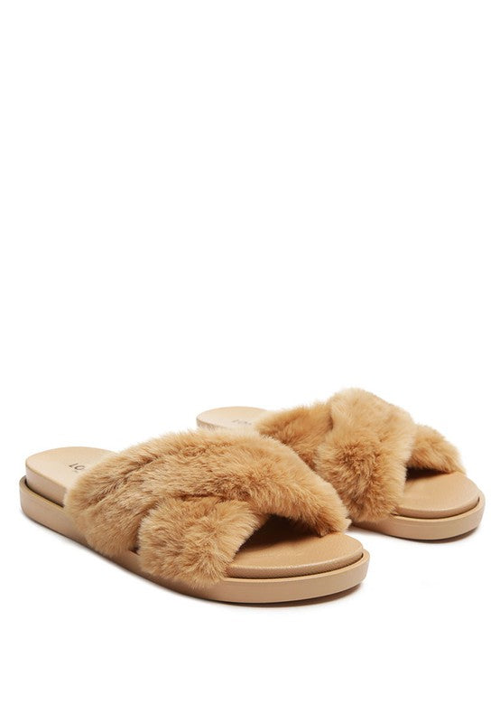 Nude HOMEY FUR SLIP-ON FLATS | Slippers Daverri Fashions