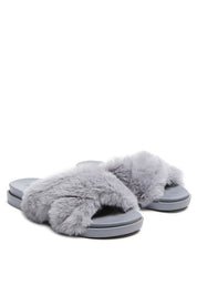 Grey HOMEY FUR SLIP-ON FLATS | Slippers Daverri Fashions