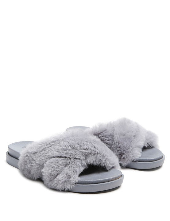 Grey HOMEY FUR SLIP-ON FLATS | Slippers Daverri Fashions
