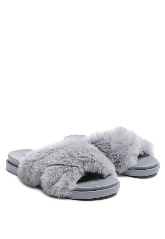 Grey HOMEY FUR SLIP-ON FLATS | Slippers Daverri Fashions