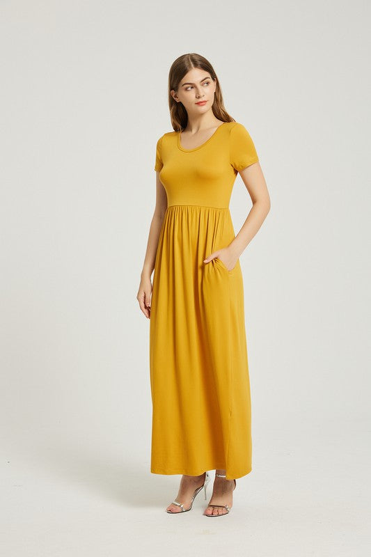 Women's Casual Short Sleeve Maxi Dress With Pockets MUSTARD Maxi Dresses