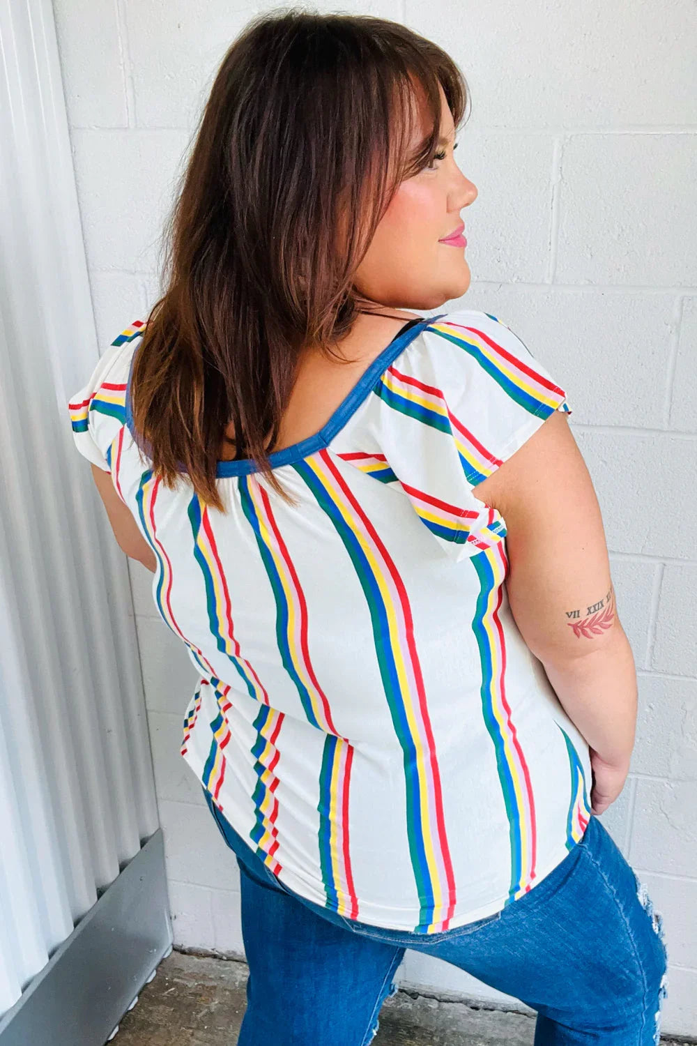 Multicolor Striped Raglan Flutter Sleeve Top | Daverri Fashions