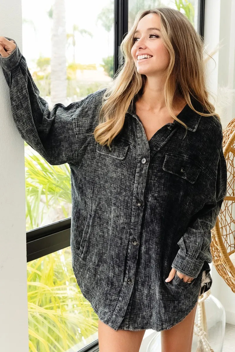 BiBi Vintage Washed Wrinkle Gauze Shacket | Daverri Fashions