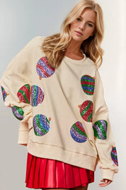 Cream Double Take Christmas Element Sequin Round Neck Long Sleeve Sweatshirt | Daverri Fashions