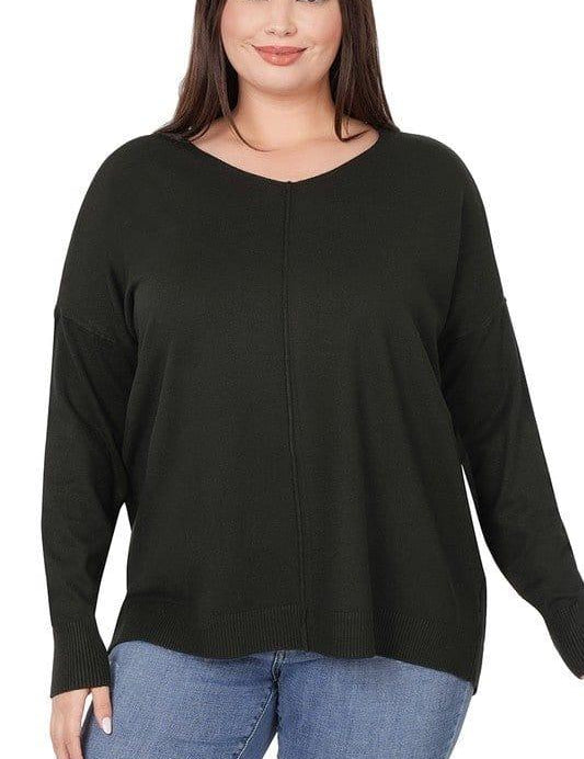 Zenana Plus Hi-Low Front Seam Sweater BLACK 1X Sweaters