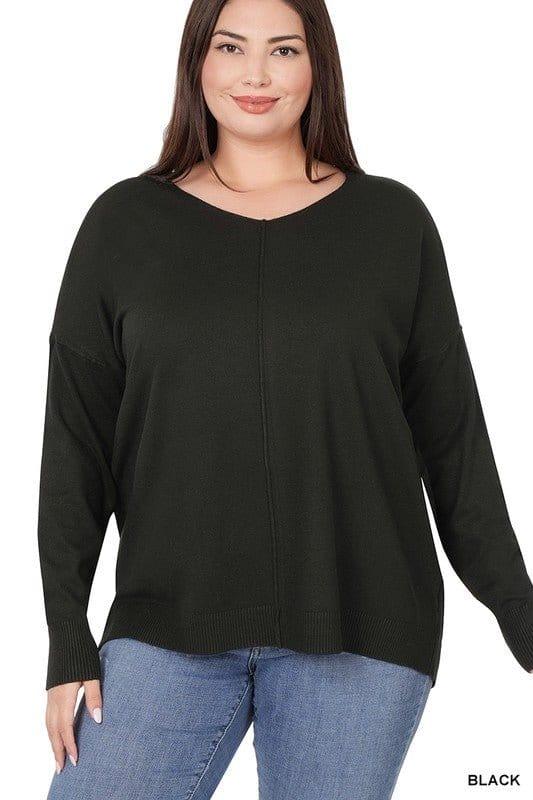 Zenana Plus Hi-Low Front Seam Sweater BLACK 1X Sweaters