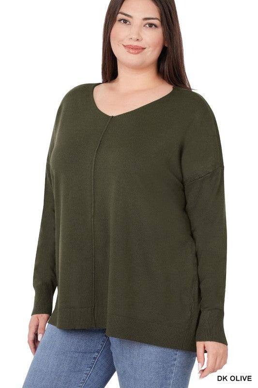 Plus Garment Dyed High Low Sweater Dark Olive Sweaters