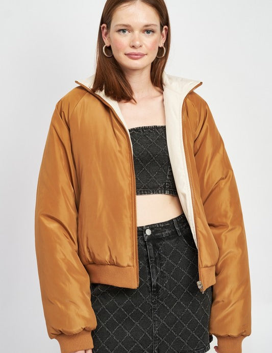 MOCHA-IVORY REVERSIBLE PUFFER JACKET | Jackets Daverri Fashions