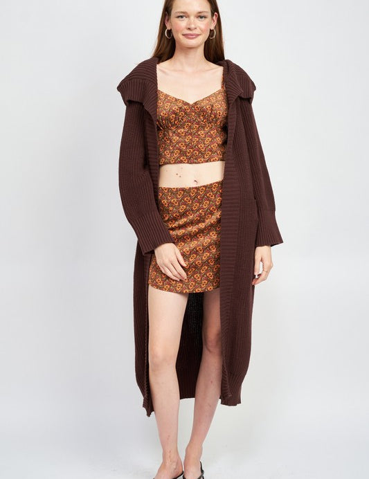 Lapel Collared Maxi Cardigan DARK BROWN Tops