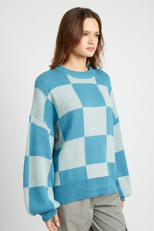 Emory Park Bubble Sleeve Checkered Sweater Sweaters