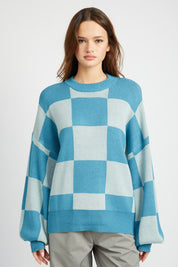 Emory Park Bubble Sleeve Checkered Sweater BLUE Sweaters