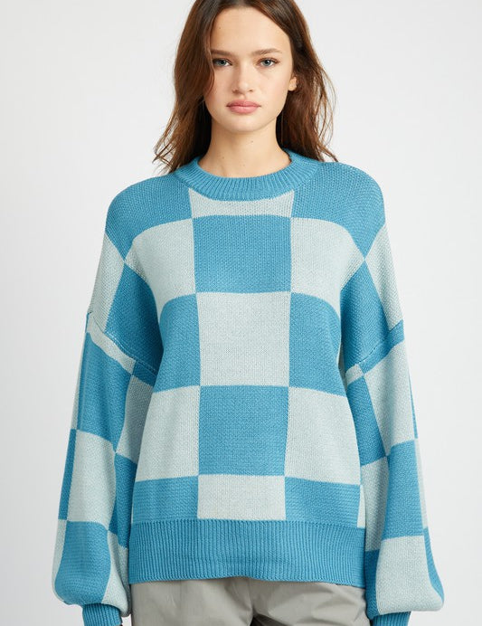 Emory Park Bubble Sleeve Checkered Sweater BLUE Sweaters