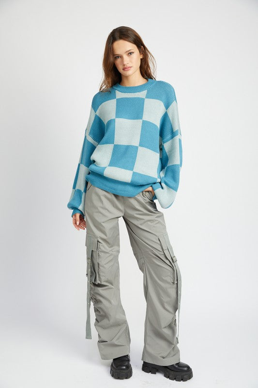 Emory Park Bubble Sleeve Checkered Sweater Sweaters