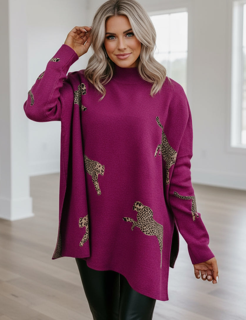 Side Slit Loose Fit Cheetah Print Mock Neck Sweater
