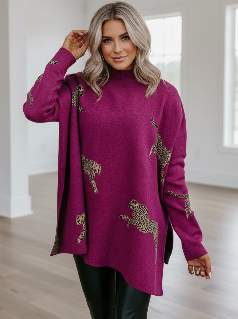 Side Slit Loose Fit Cheetah Print Mock Neck Sweater