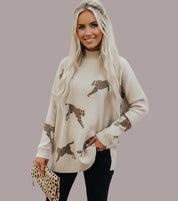 Side Slit Loose Fit Cheetah Print Mock Neck Sweater