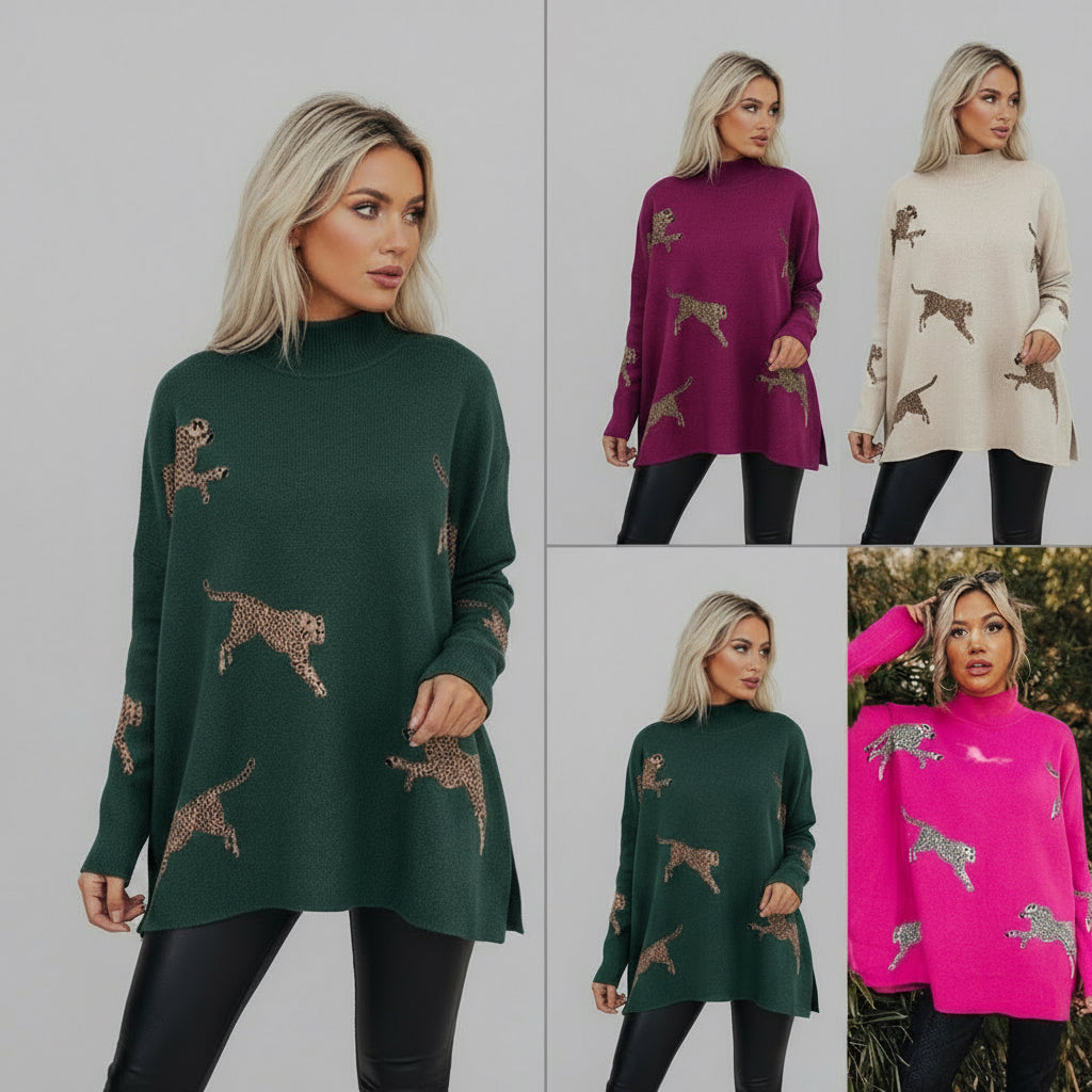 Side Slit Loose Fit Cheetah Print Mock Neck Sweater