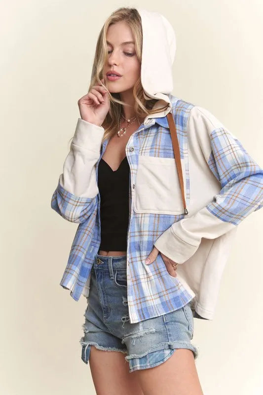 ADORA Button Down Plaid Hoodie Shacket Shackets