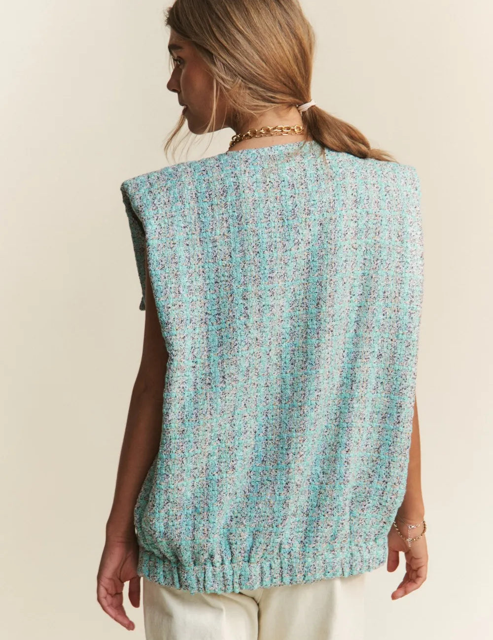 J.NNA Frayed Tweed Padded Shoulder Vest | Vests Daverri Fashions