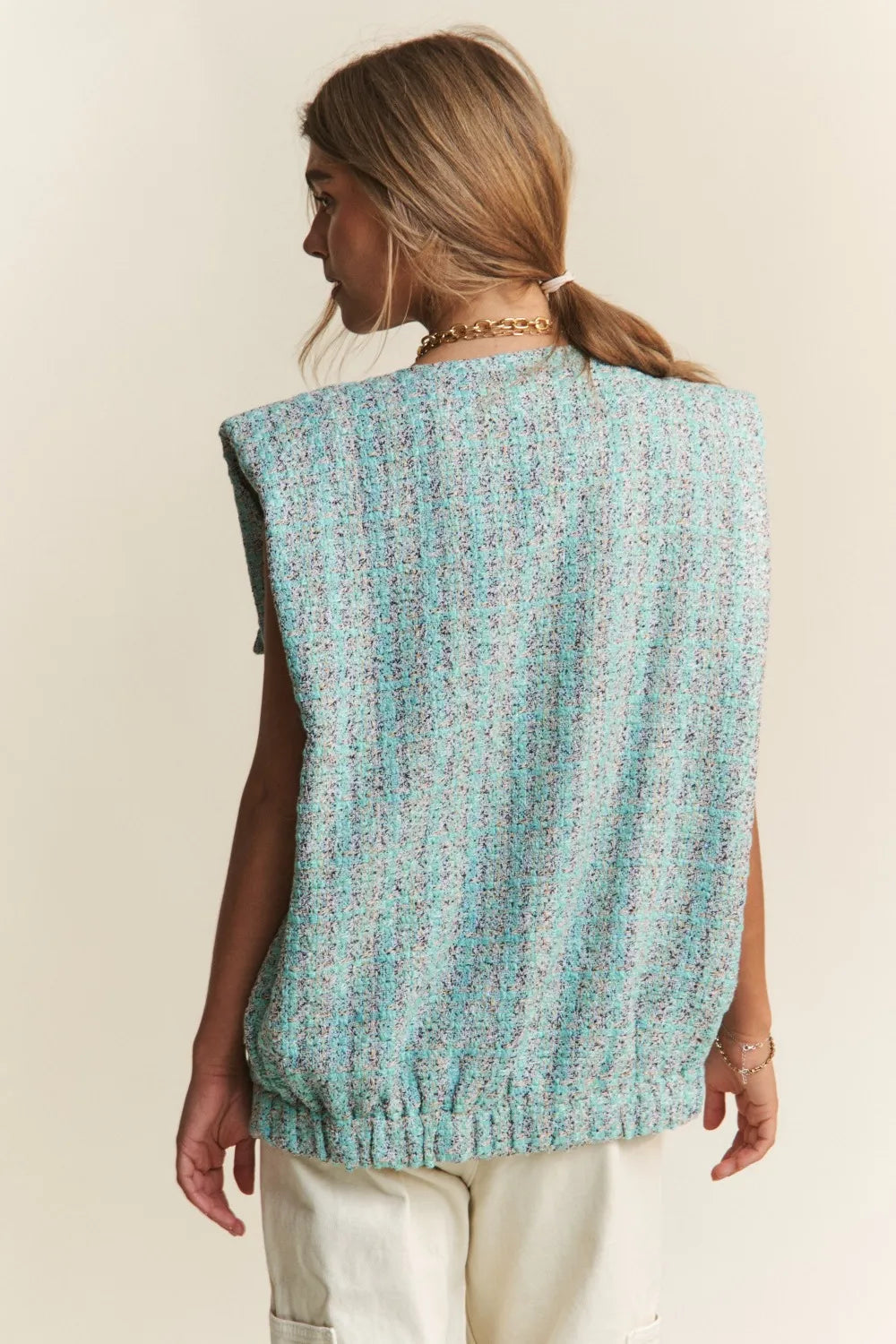 J.NNA Frayed Tweed Padded Shoulder Vest | Vests Daverri Fashions