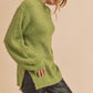 Cozy olive-green fuzzy knit sweater with side slit hem, small