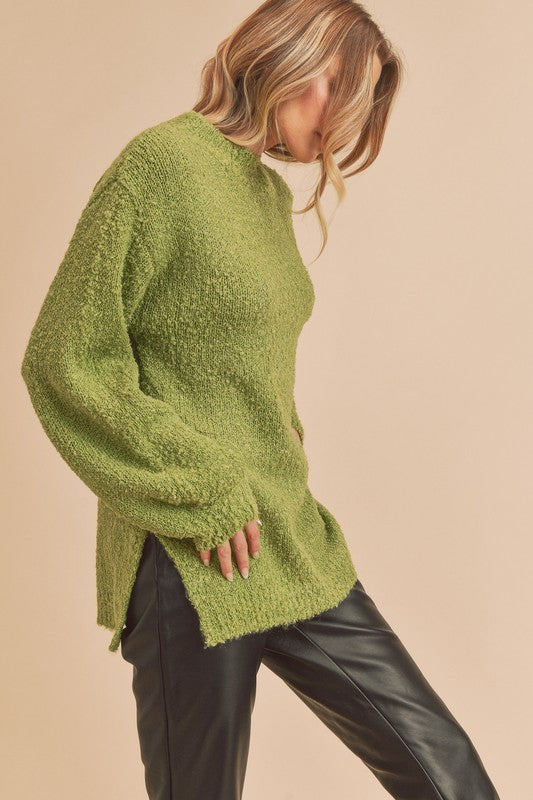Cozy olive-green fuzzy knit sweater with side slit hem, small