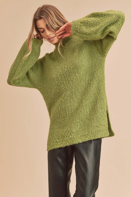 Cozy olive-green fuzzy knit sweater with side slit hem, Aemi + Co small