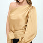Stretch Satin One Shoulder Formal Top with Tie - DAVERRI FASHIONS