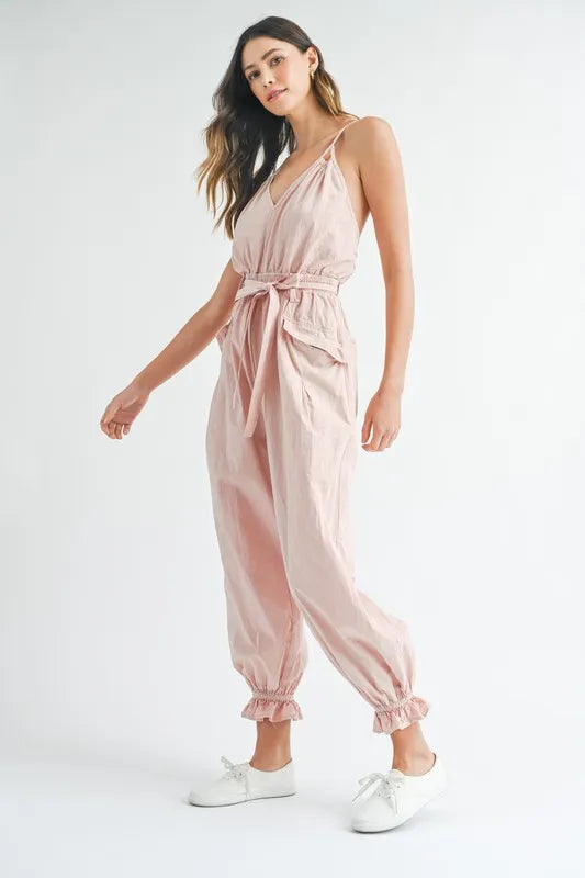 MABLE Washed Fabric Spaghetti Strap Waist Belted Jumpsuit Jumpsuits