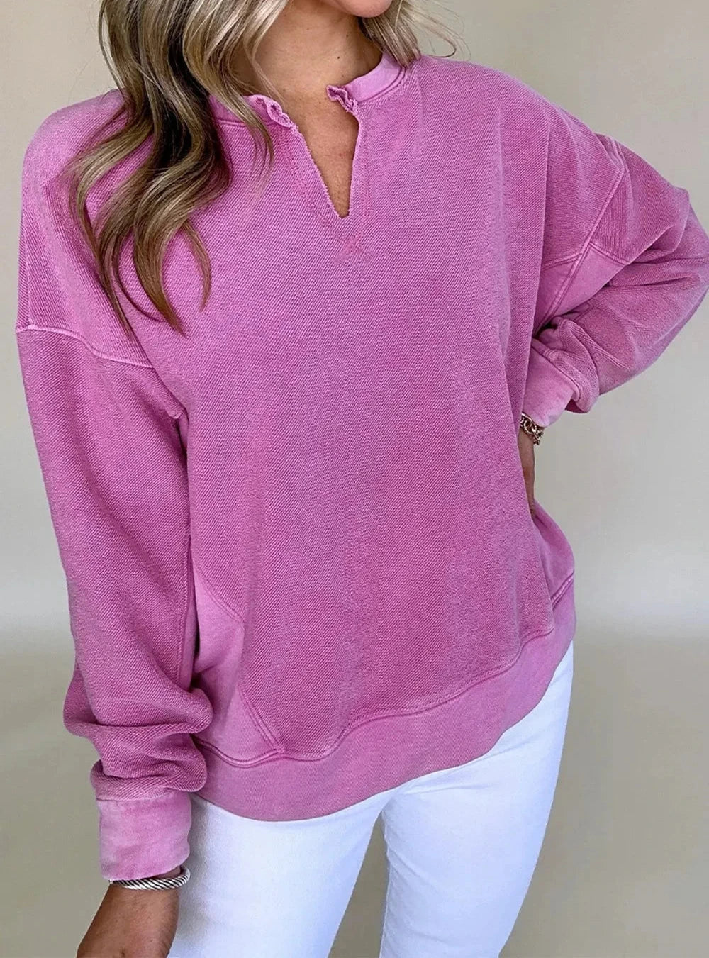 Lavender notched drop shoulder long sleeve cotton sweatshirt
