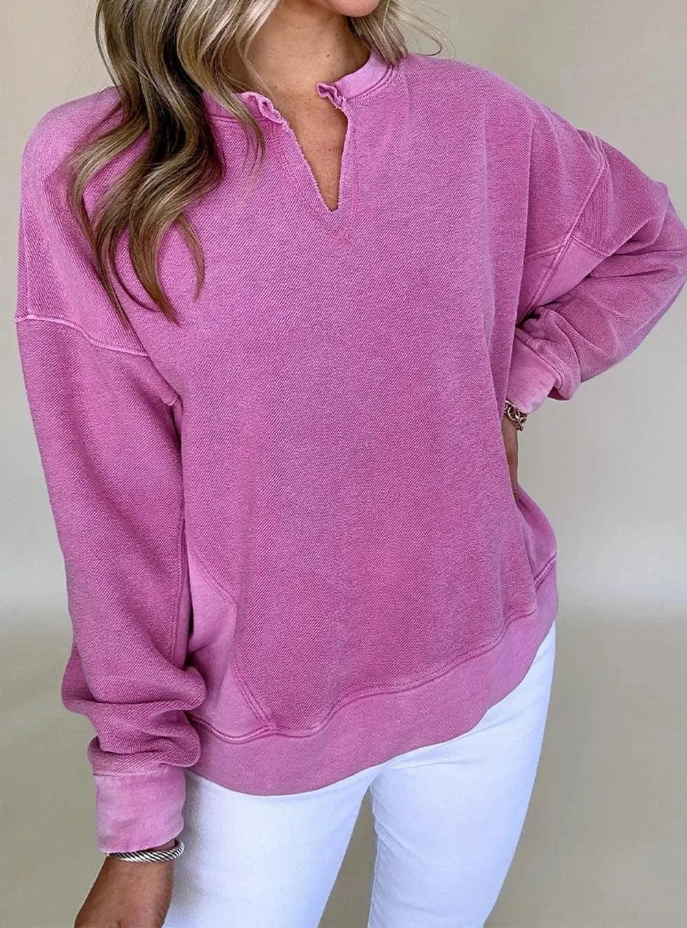 Notched Drop Shoulder Long Sleeve Sweatshirt - DAVERRI FASHIONS