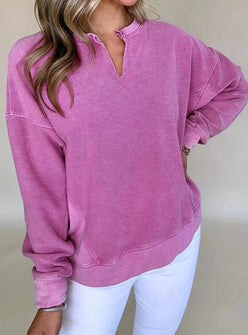 Notched Drop Shoulder Long Sleeve Sweatshirt - DAVERRI FASHIONS