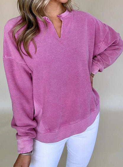 Notched Drop Shoulder Long Sleeve Sweatshirt - DAVERRI FASHIONS
