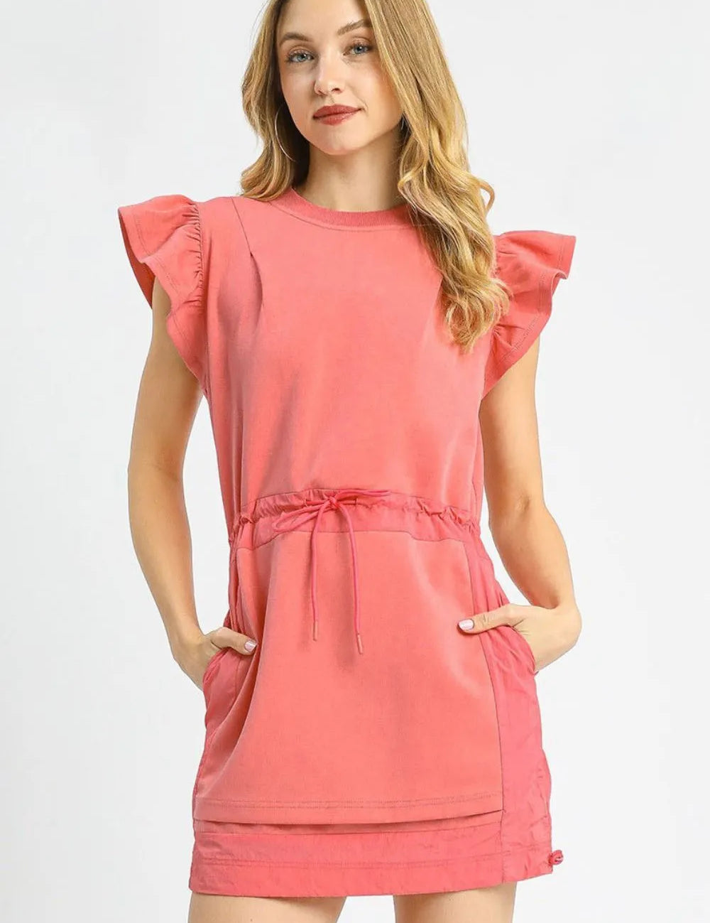 Strawberry Umgee Luxe knit Ruffle Sleeve Drawstring Mini Dress | Mini Dresses Daverri Fashions