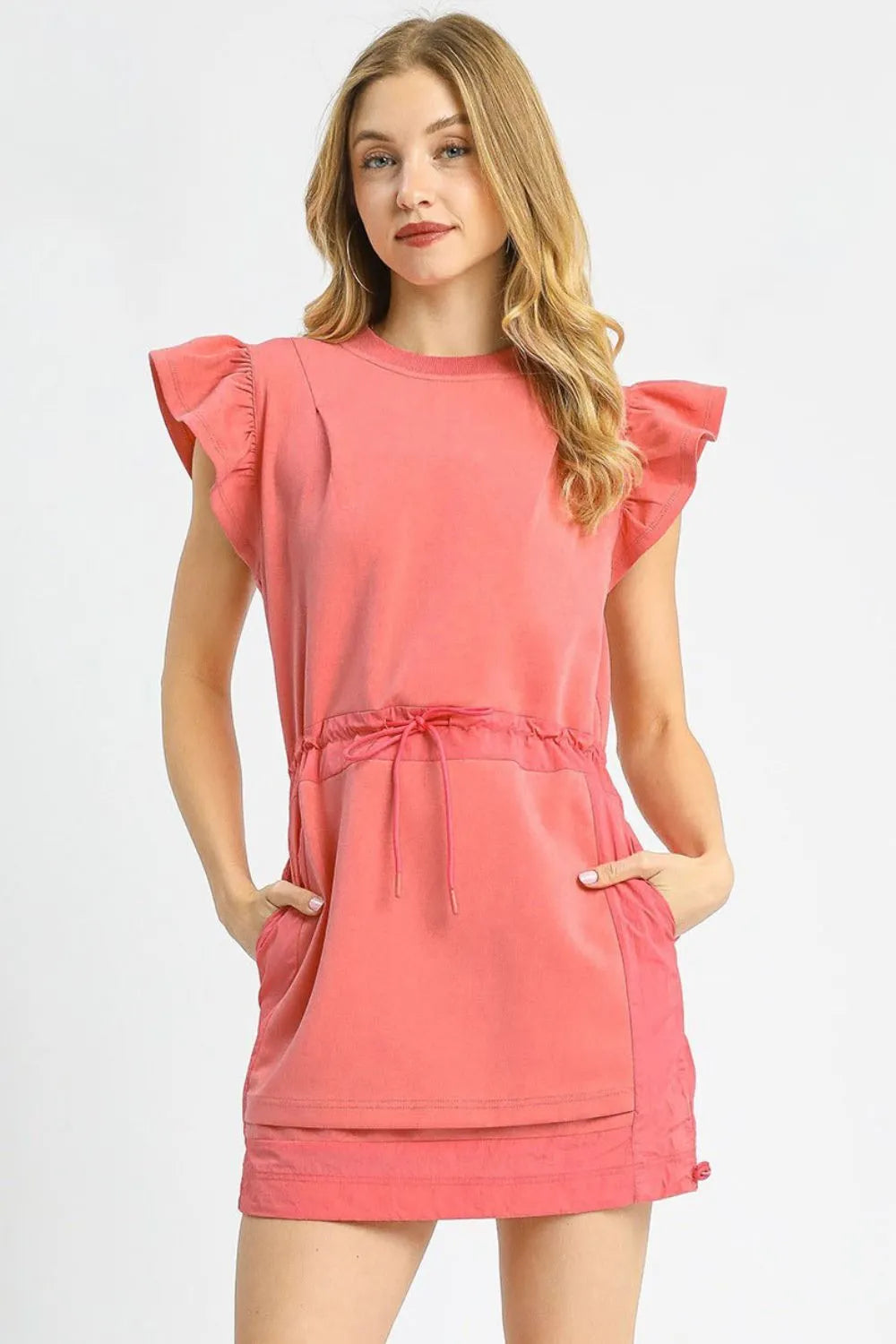 Umgee Luxe knit Ruffle Sleeve Drawstring Mini Dress Strawberry Mini Dresses