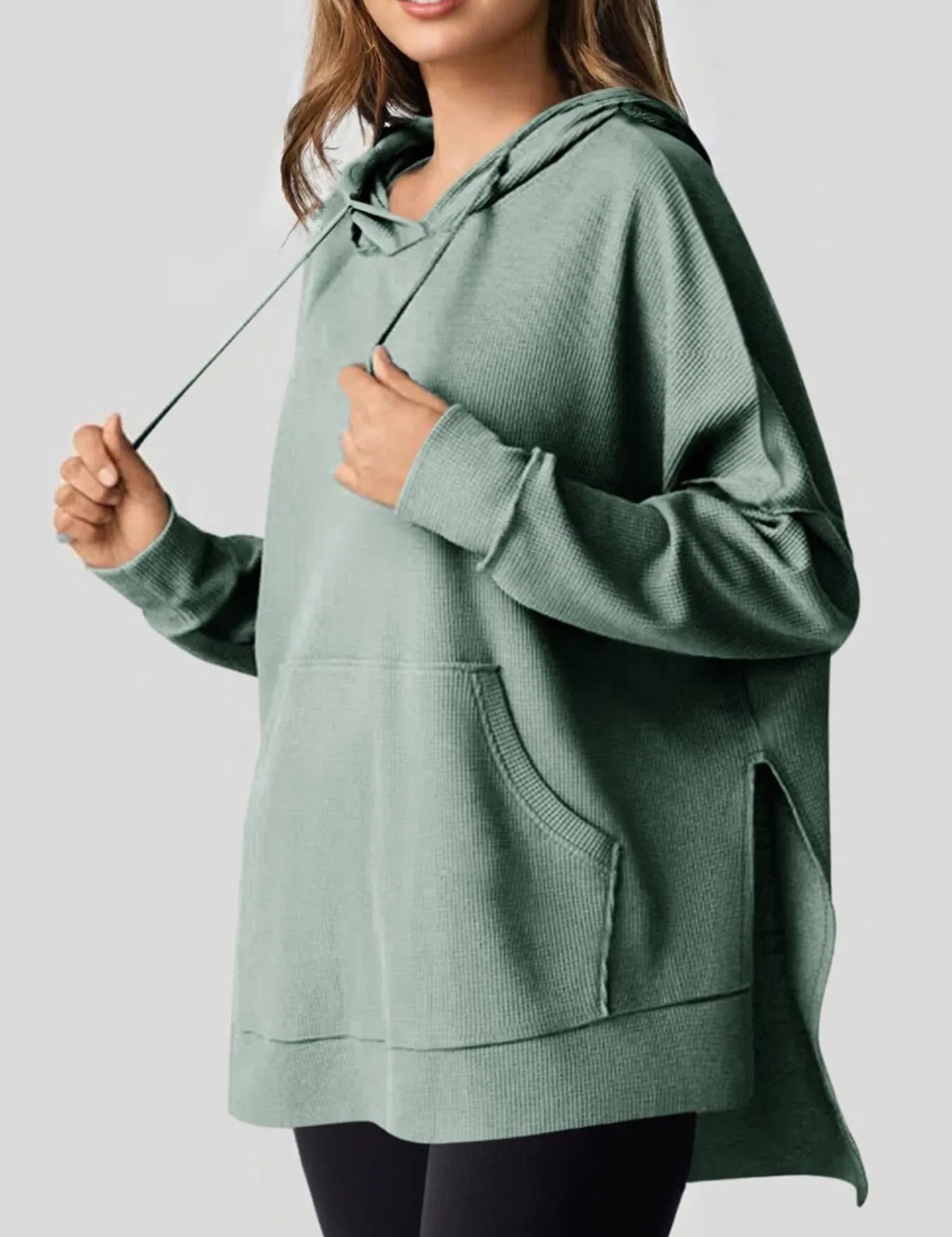 Slit Drawstring Waffle Knit Hoodie | Hoodies Daverri Fashions