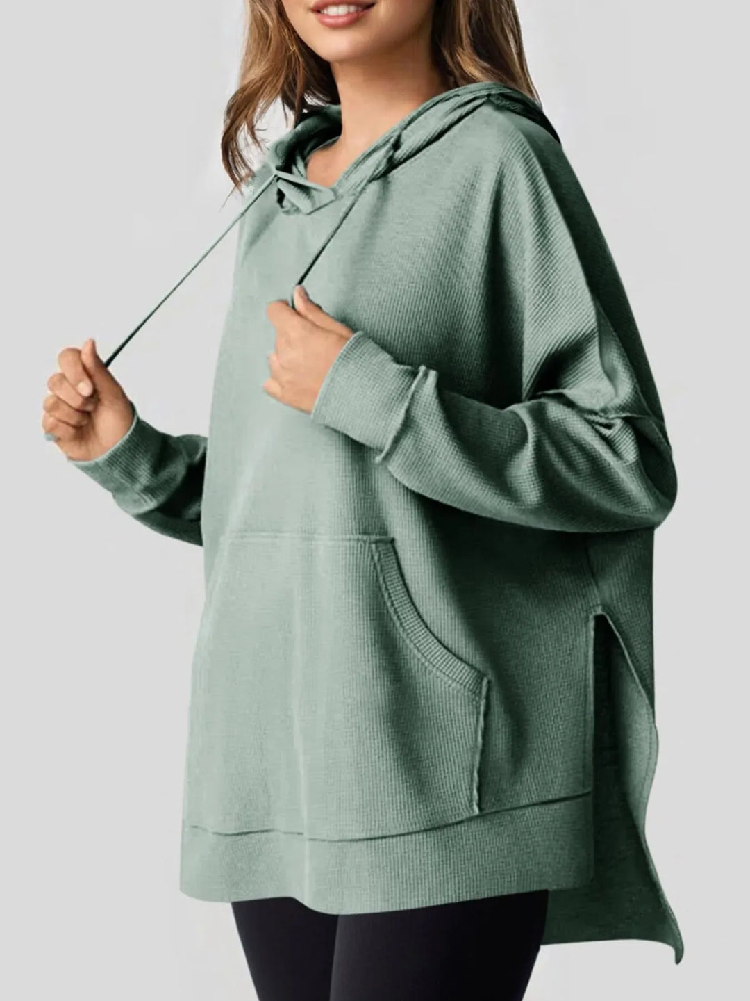 Slit Drawstring Waffle Knit Hoodie | Hoodies Daverri Fashions