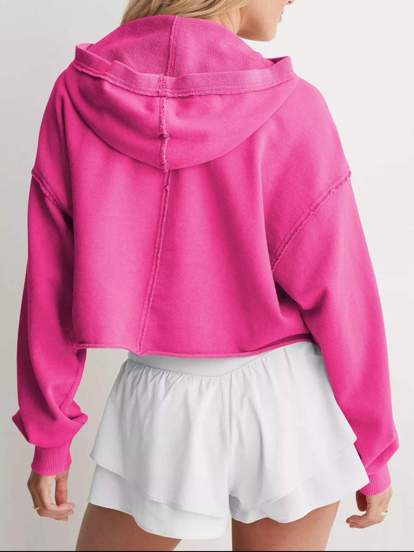 Vibrant fuchsia Exposed Seam Dropped Shoulder Hoodie with distressed cropped look