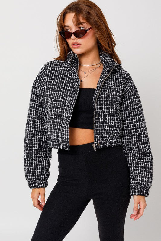 Le Lis Tweed Crop Puffer Jacket Jackets