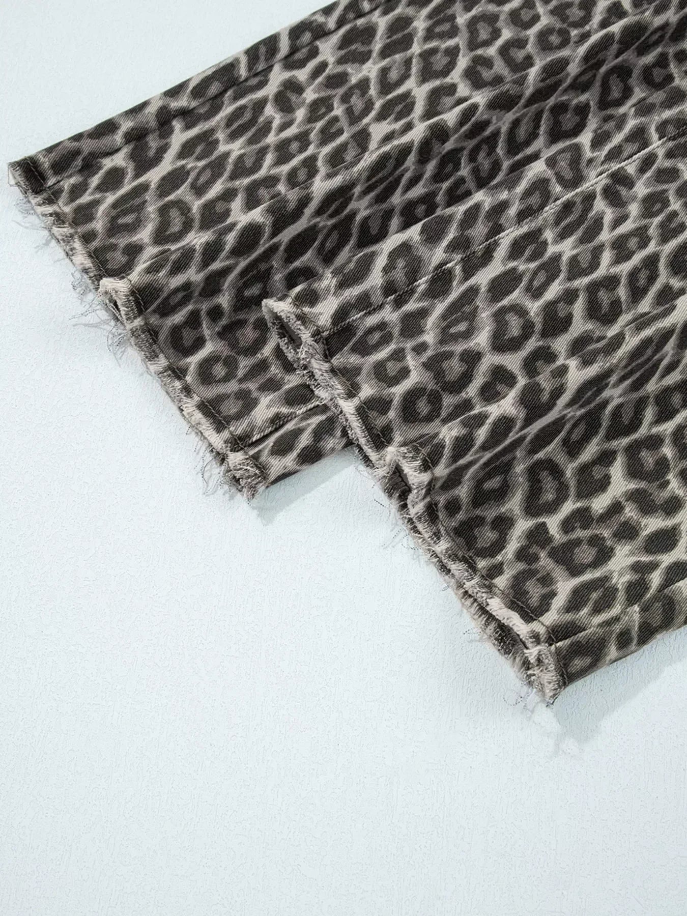 Leopard Straight Loose Leg Raw Hem Jeans - DAVERRI FASHIONS