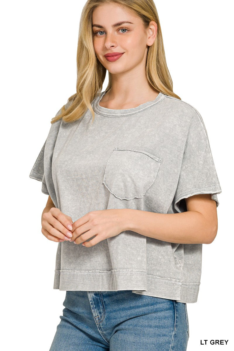 Zenana Halo Snow Washed Boxy Top light grey cropped tee with distressed pocket