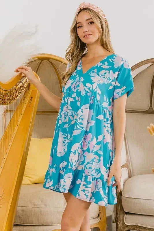 BiBi Floral Crinkle Shirred Ruffle Detail V Neck Dress - DAVERRI FASHIONS