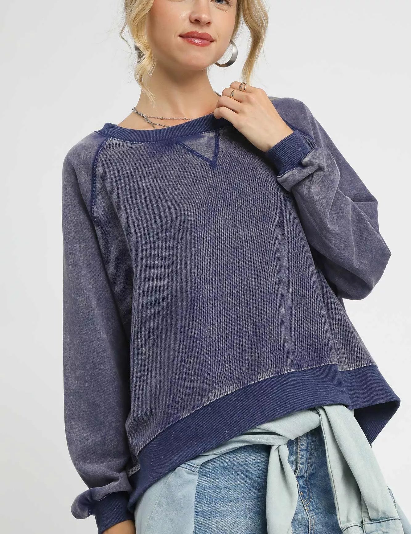 Navy Umgee Mineral Wash French Terry Sweatshirt | Sweatshirts Daverri Fashions