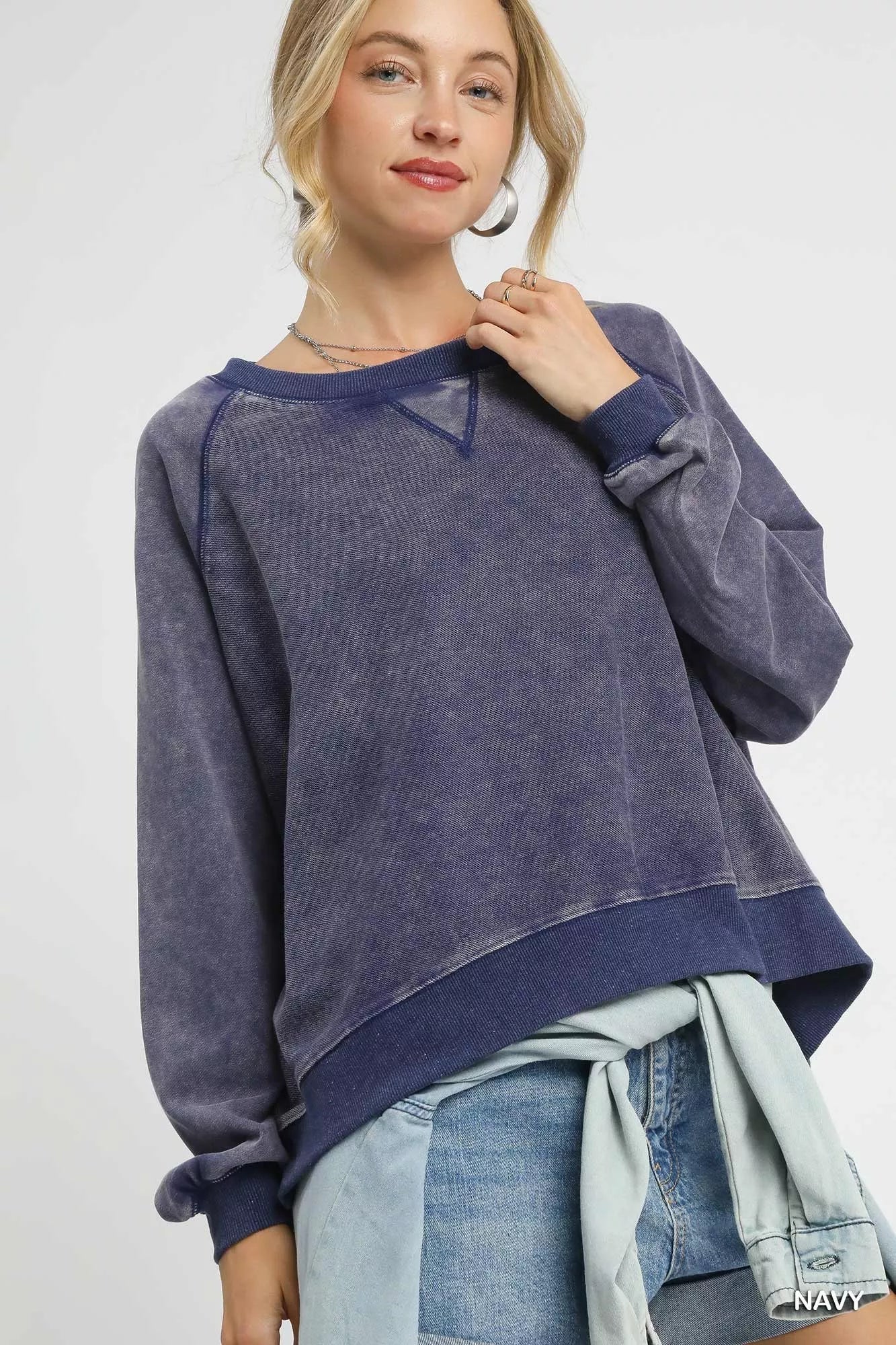 Umgee Mineral Wash French Terry Sweatshirt Navy Sweatshirts