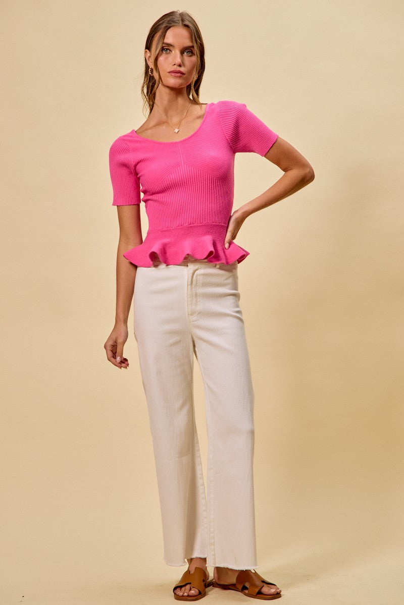 Vibrant pink SO ME ribbed knit short sleeve peplum sweater top