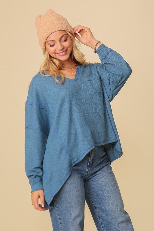 Thermal High Low V-Neck Oversized Top 2 TONE BLUE