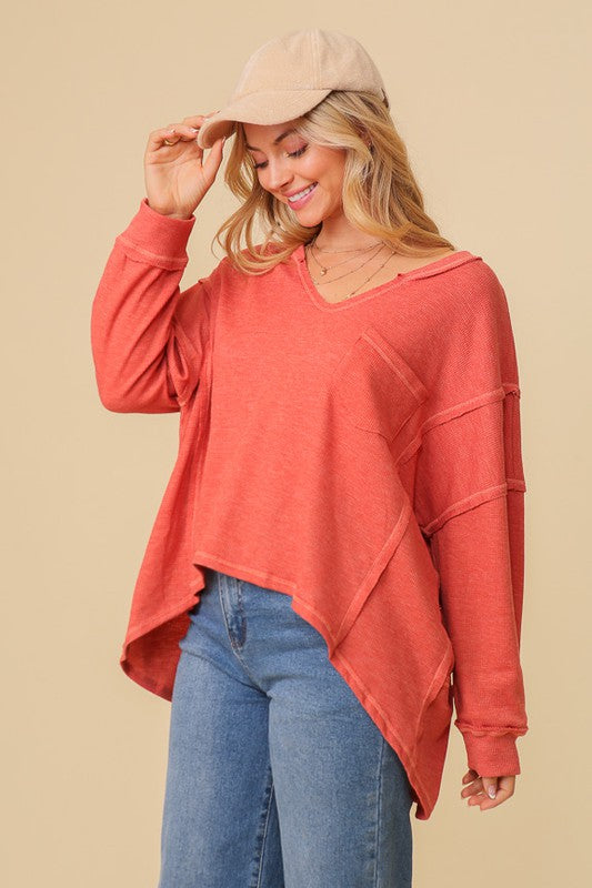 Thermal High Low V-Neck Oversized Top 2 TONE PAPAYA L