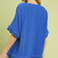 Vibrant cerulean Umgee linen top with frayed hem and scallop edge
