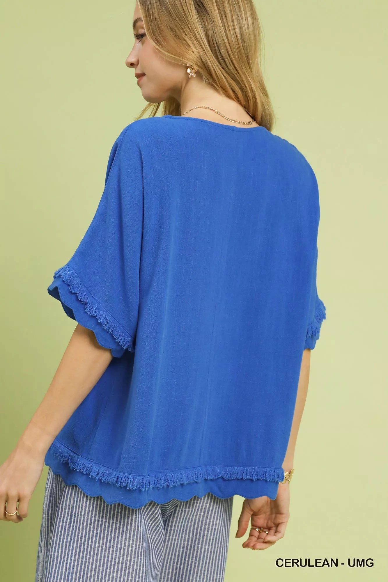 Vibrant cerulean Umgee linen top with frayed hem and scallop edge
