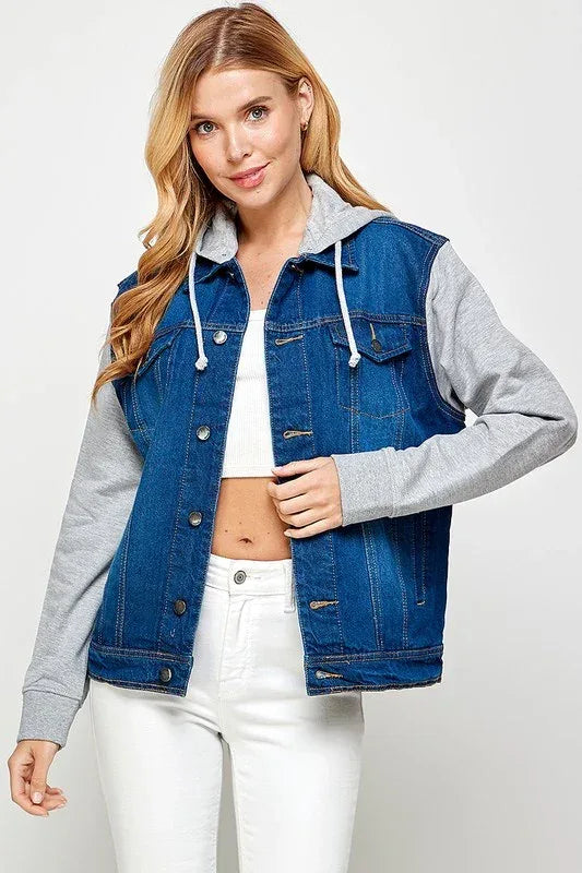 Women's Denim Fleece Hoodie Jacket - DAVERRI FASHIONS